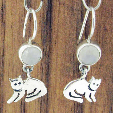 Unusual cat silver earrings with moonstone