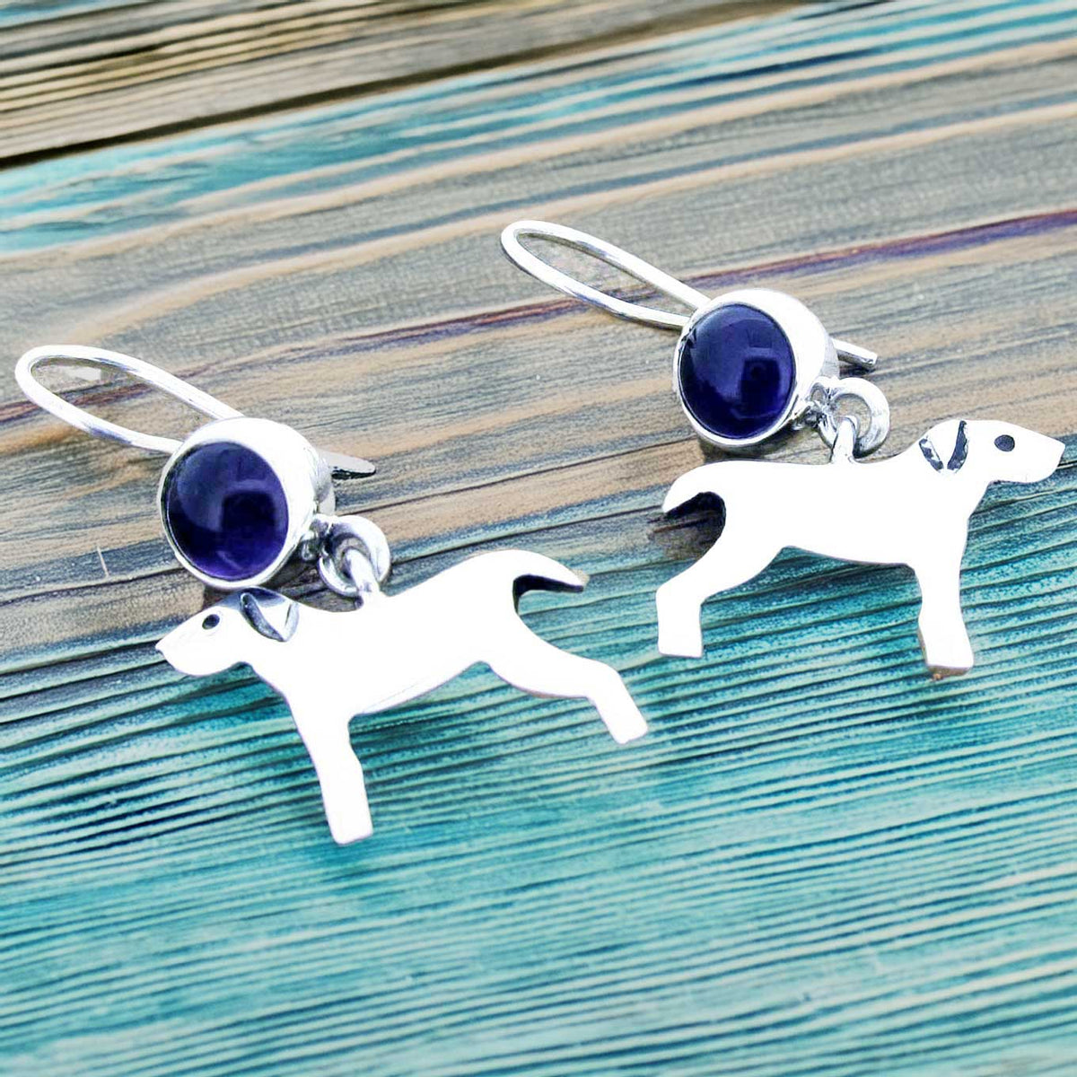 Dog with Amethyst Silver Earrings