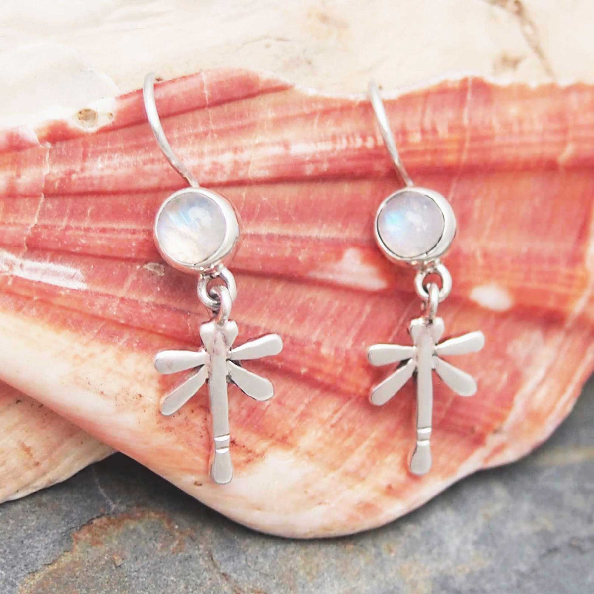 Moonstone earrings with Dragonfly