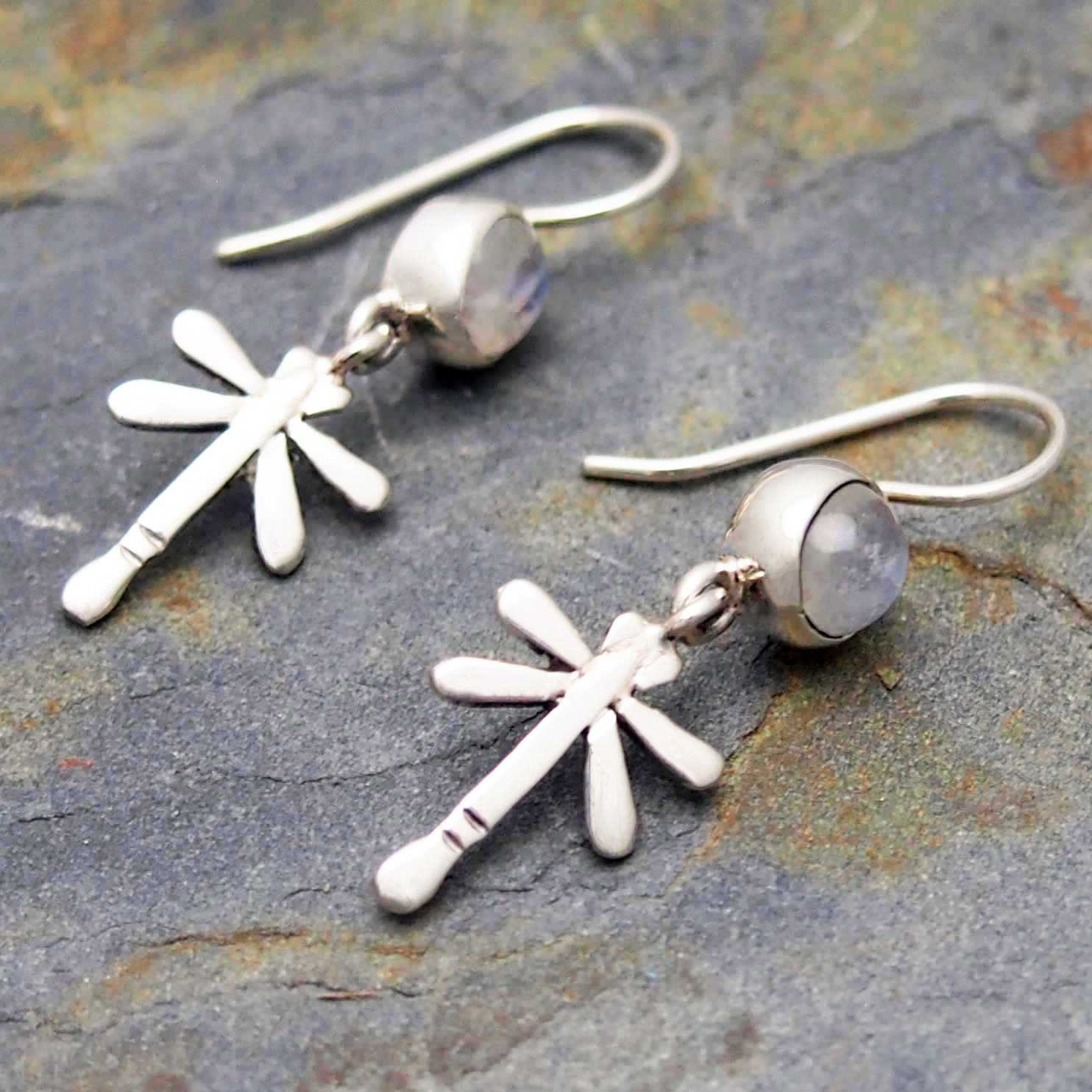 Dragonfly with Moonstone Silver Earrings