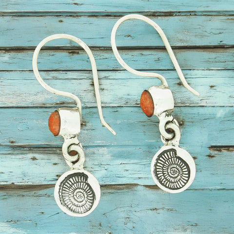 Ammonite Shell Sponge Coral Silver Earrings