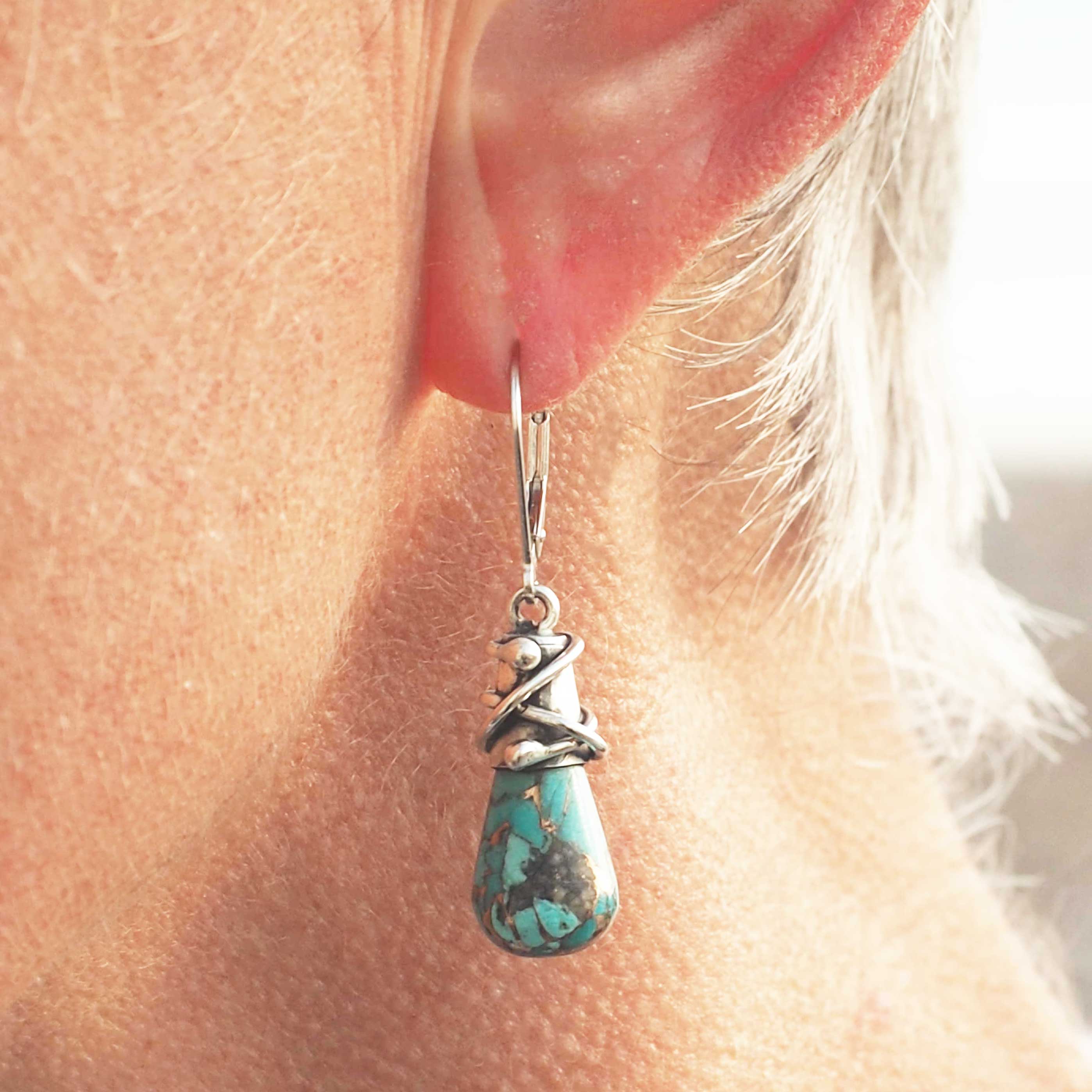 Turquoise with Bronze Alambres Silver Earrings (697) Secondary image