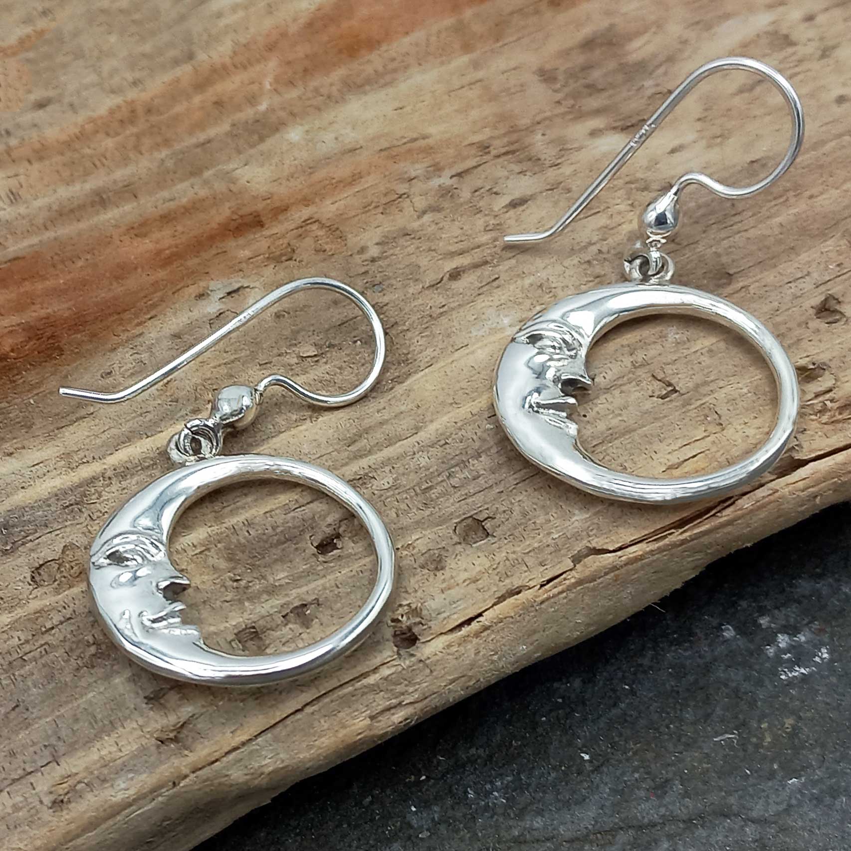 Unusual Sterling silver drop moon earrings