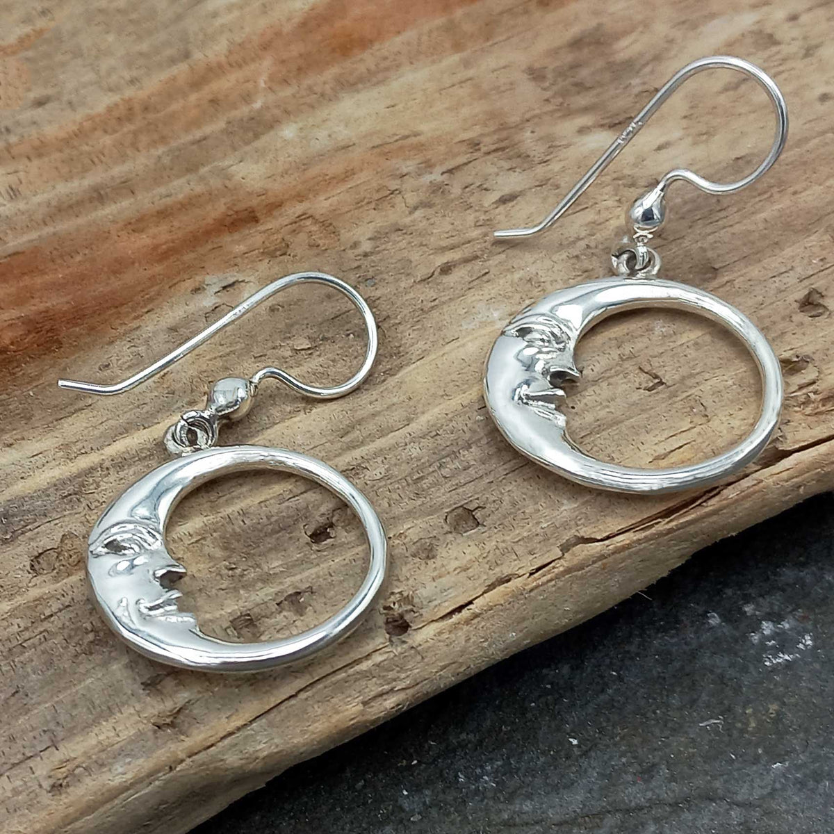 Unusual Sterling silver drop moon earrings