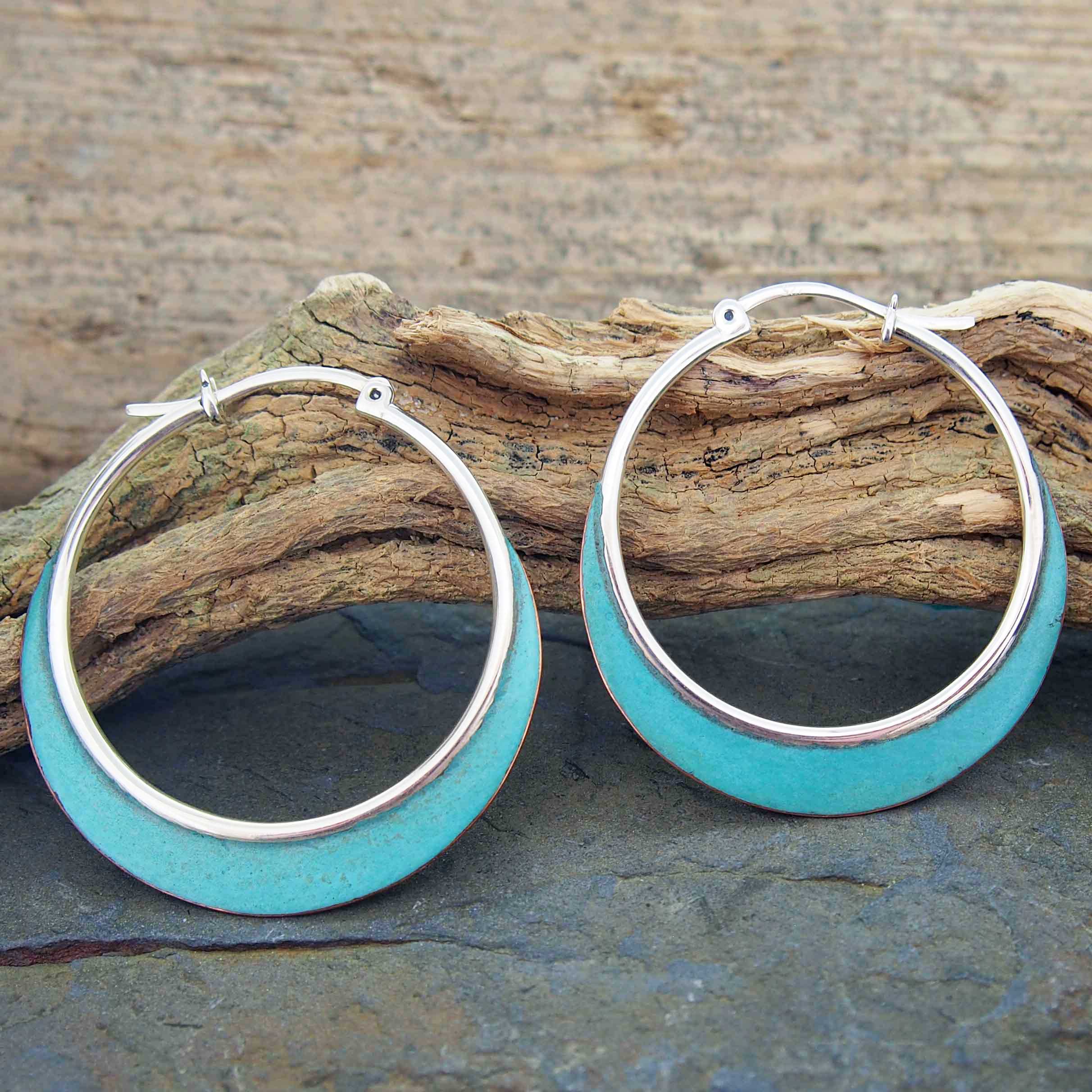 Patina Copper & Silver Hoop Earrings (723) Secondary image