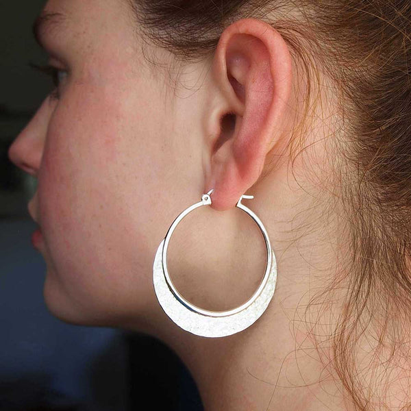 Hammered large sterling silver hoops
