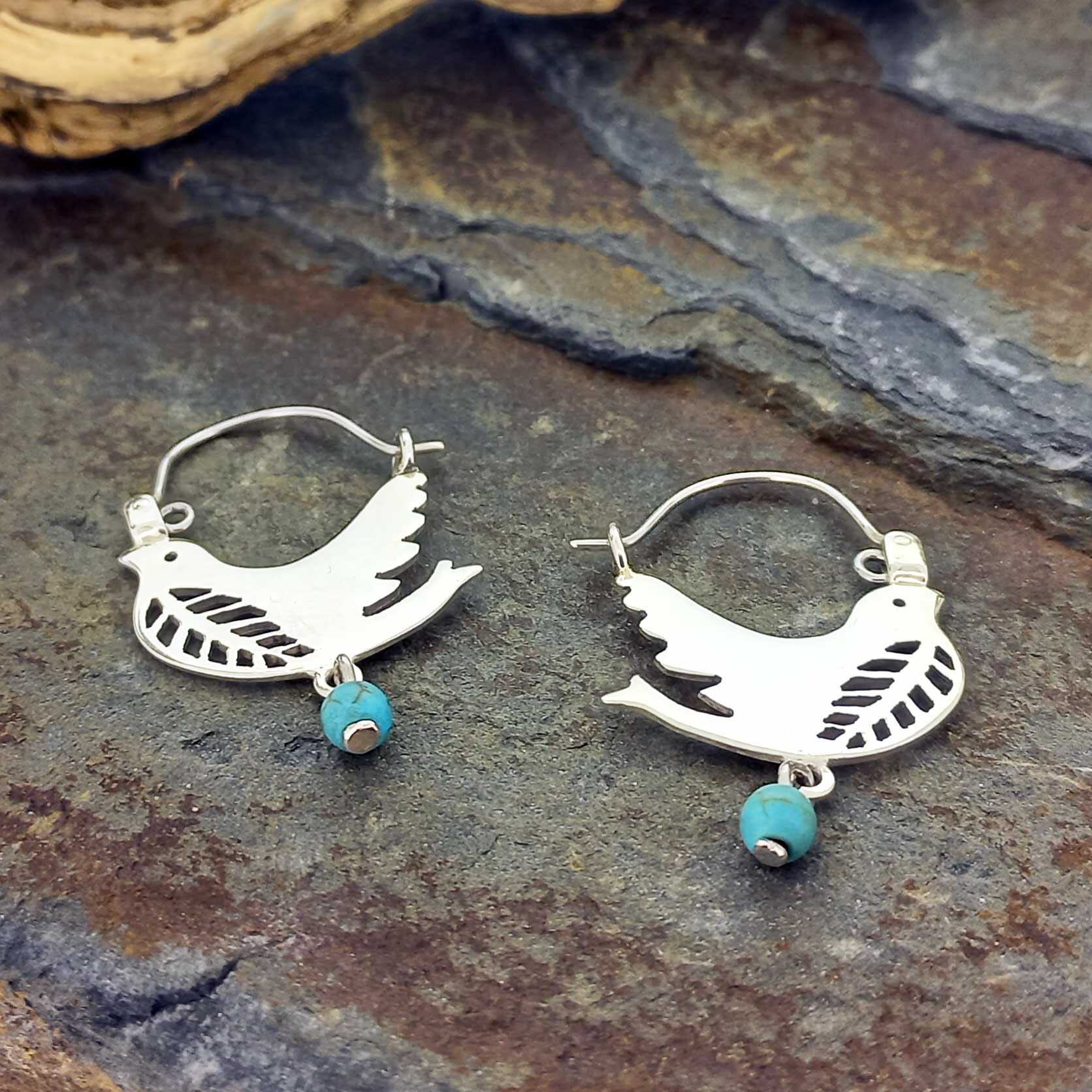 Handmade Sterling silver Mexican dove earrings with turquoise