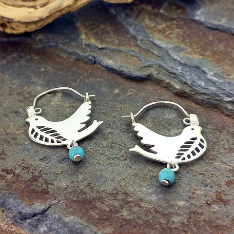 Handmade Sterling silver Mexican dove earrings with turquoise
