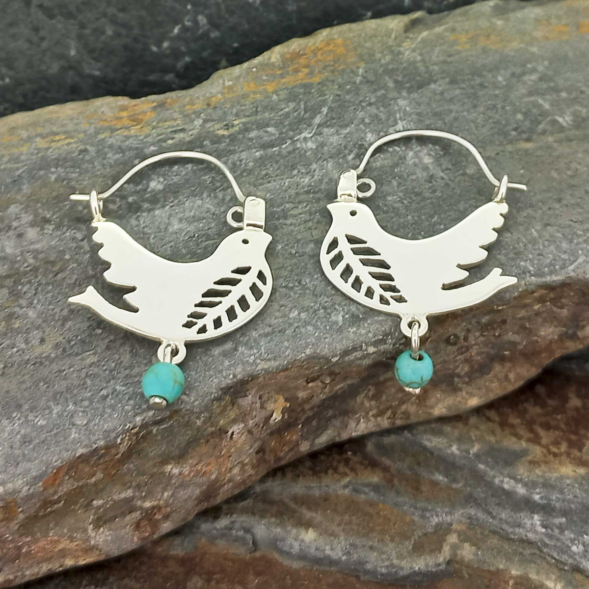 Mexican folk art handmade unusual silver earrings with turquoise stone