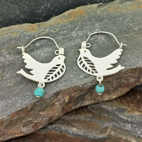 Mexican folk art handmade unusual silver earrings with turquoise stone