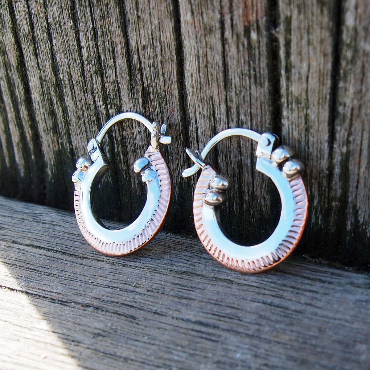 Unusual Copper Trimmed Silver Hoops