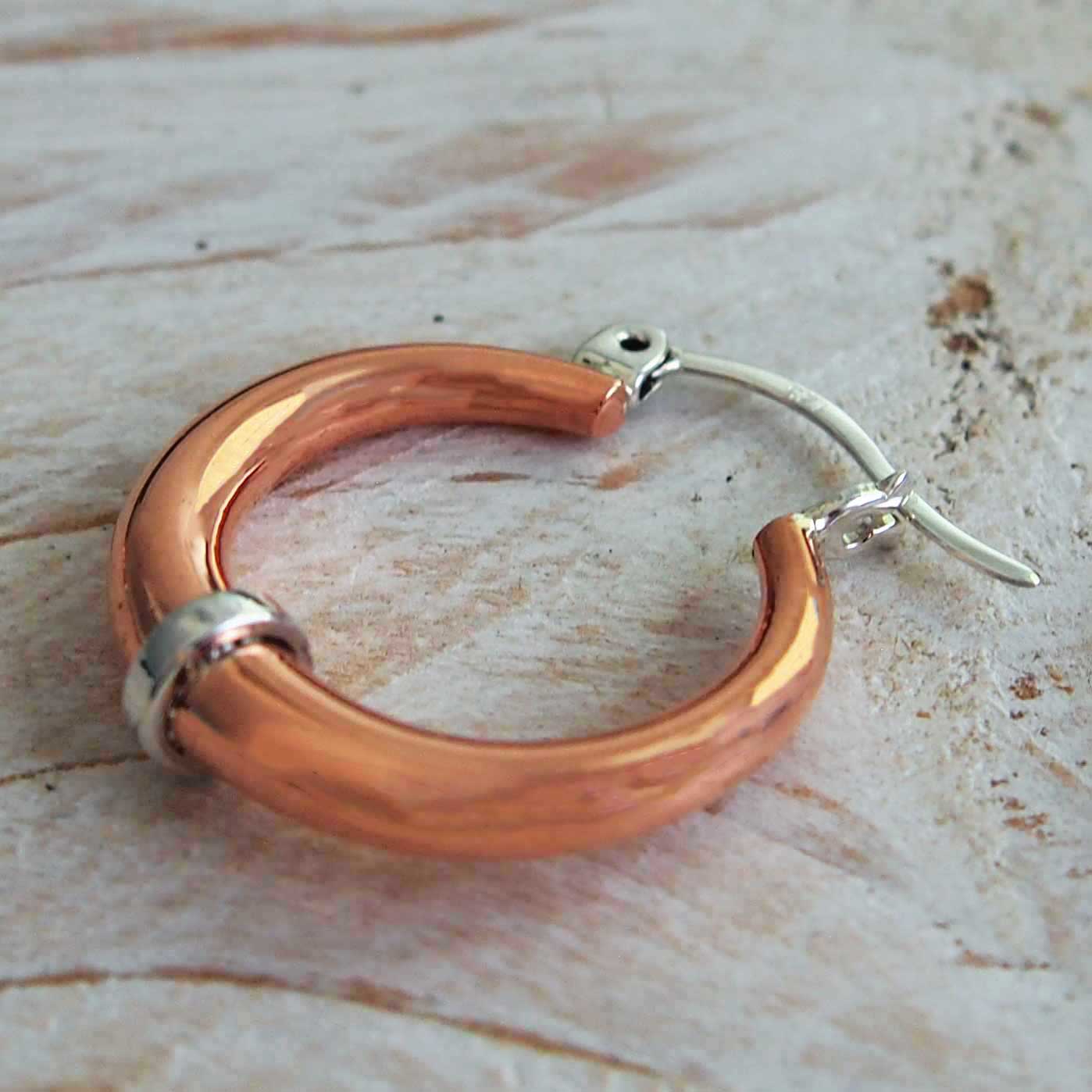 Copper hoop with silver unusual earrings