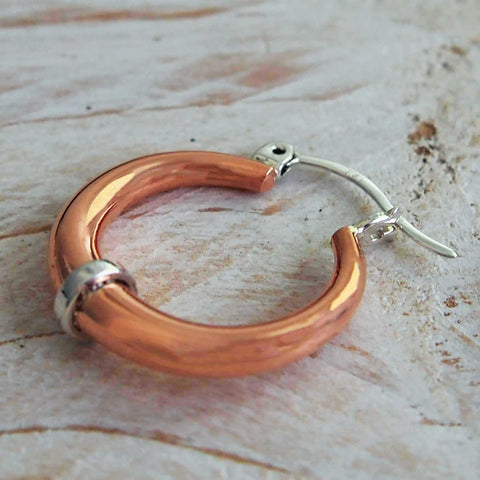 Copper hoop with silver unusual earrings