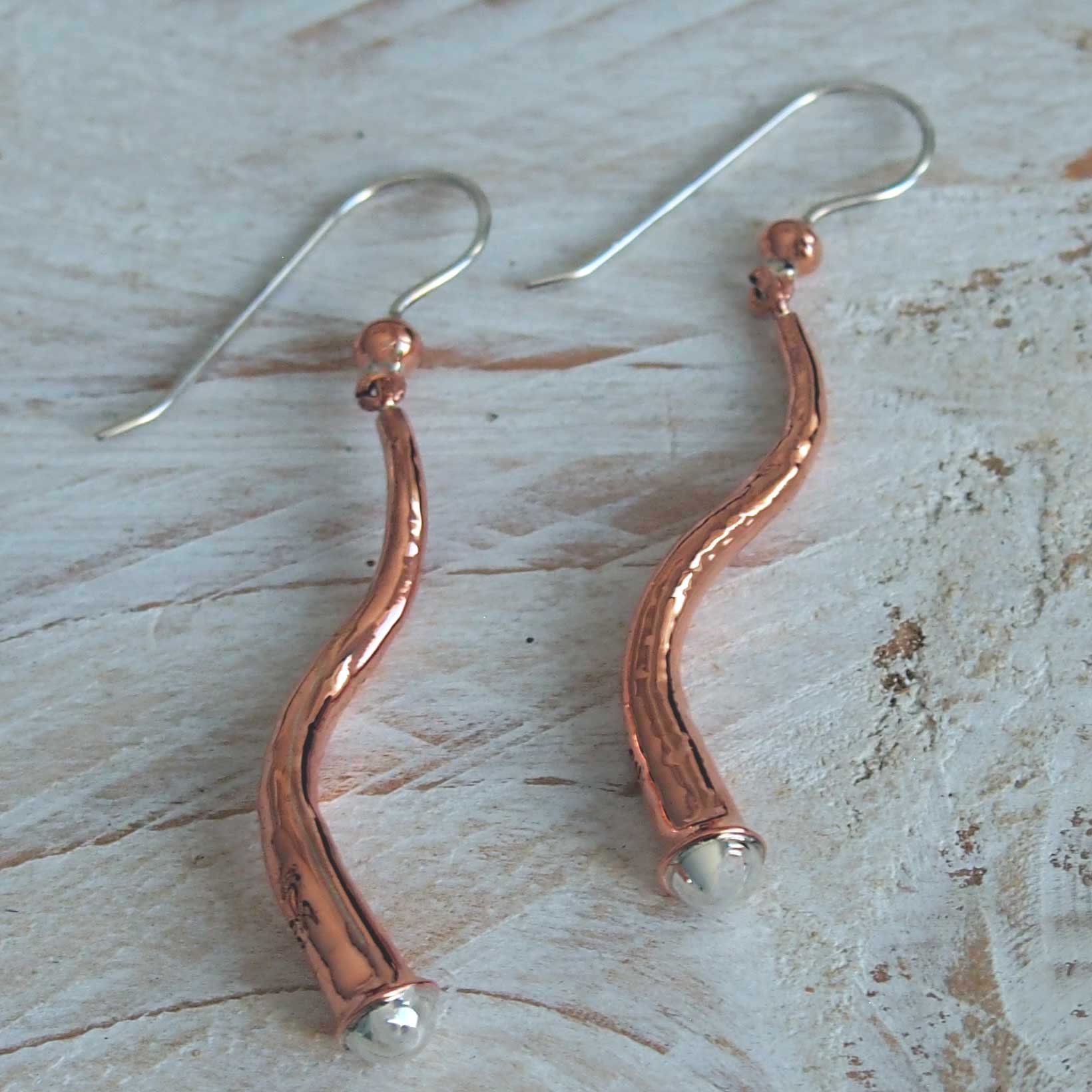 Copper Horn & Silver Ball Earrings