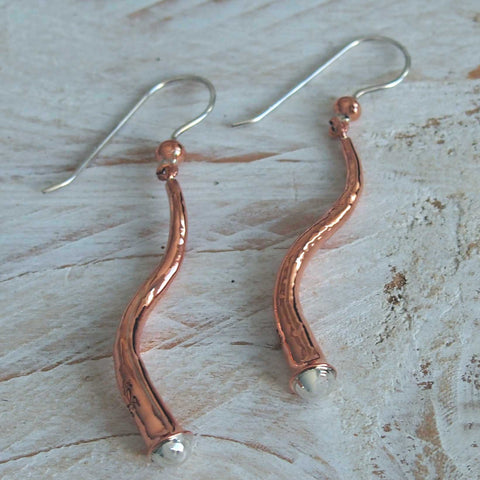 Copper Horn & Silver Ball Earrings