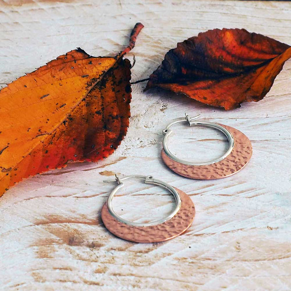 Handmade silver hoop copper earrings