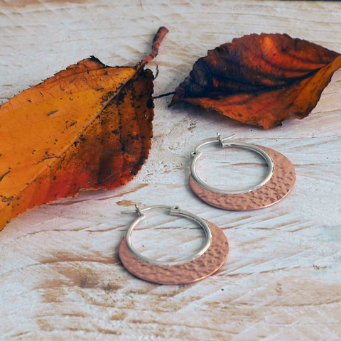 Handmade silver hoop copper earrings