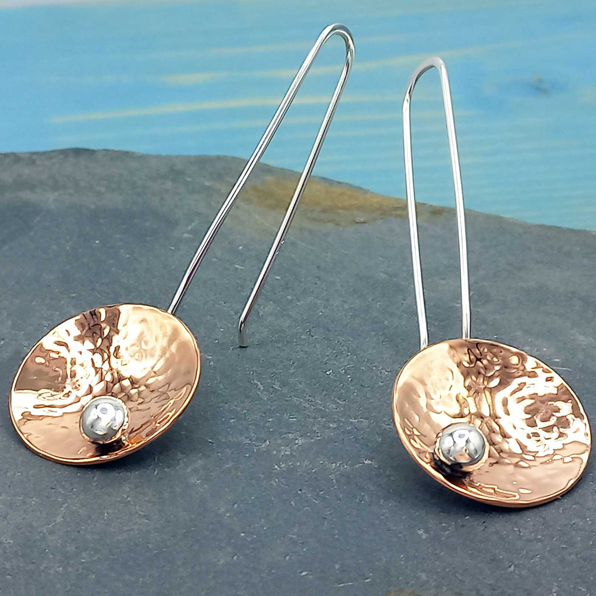 Long Copper Disc Silver Earrings