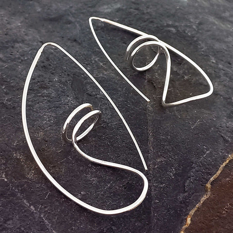Long unusual silver corkscrew earrings