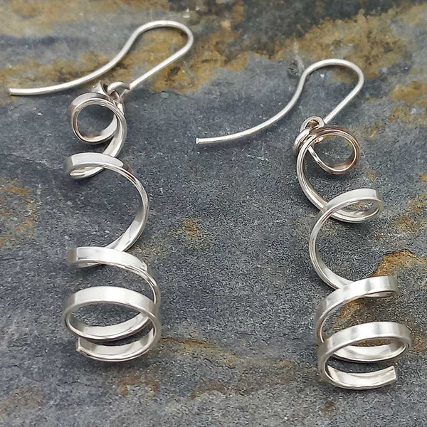 Long Spiral Corkscrew Silver Earrings