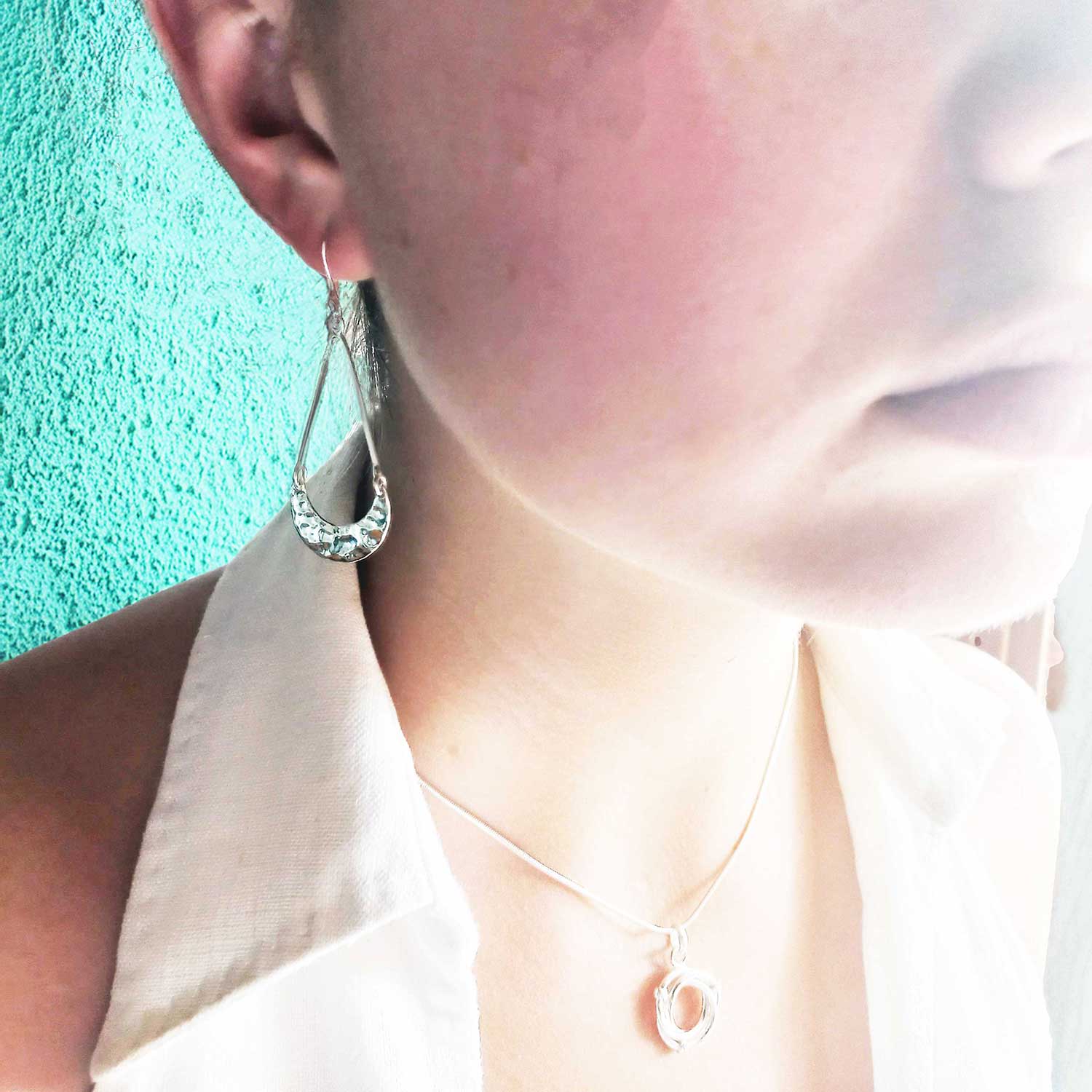 Hammered Crescent Drop Silver Earrings (819) Secondary image