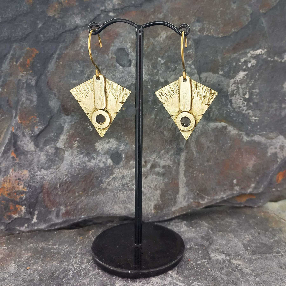 Brass triangular Mexican culture earrings