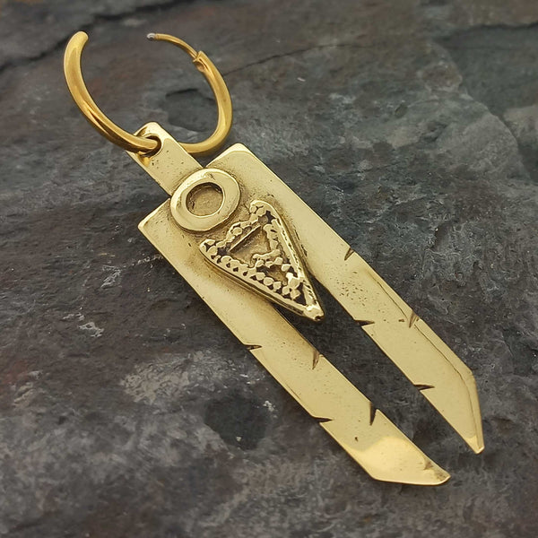 Brass long rectangular earring on gold-plated hoop