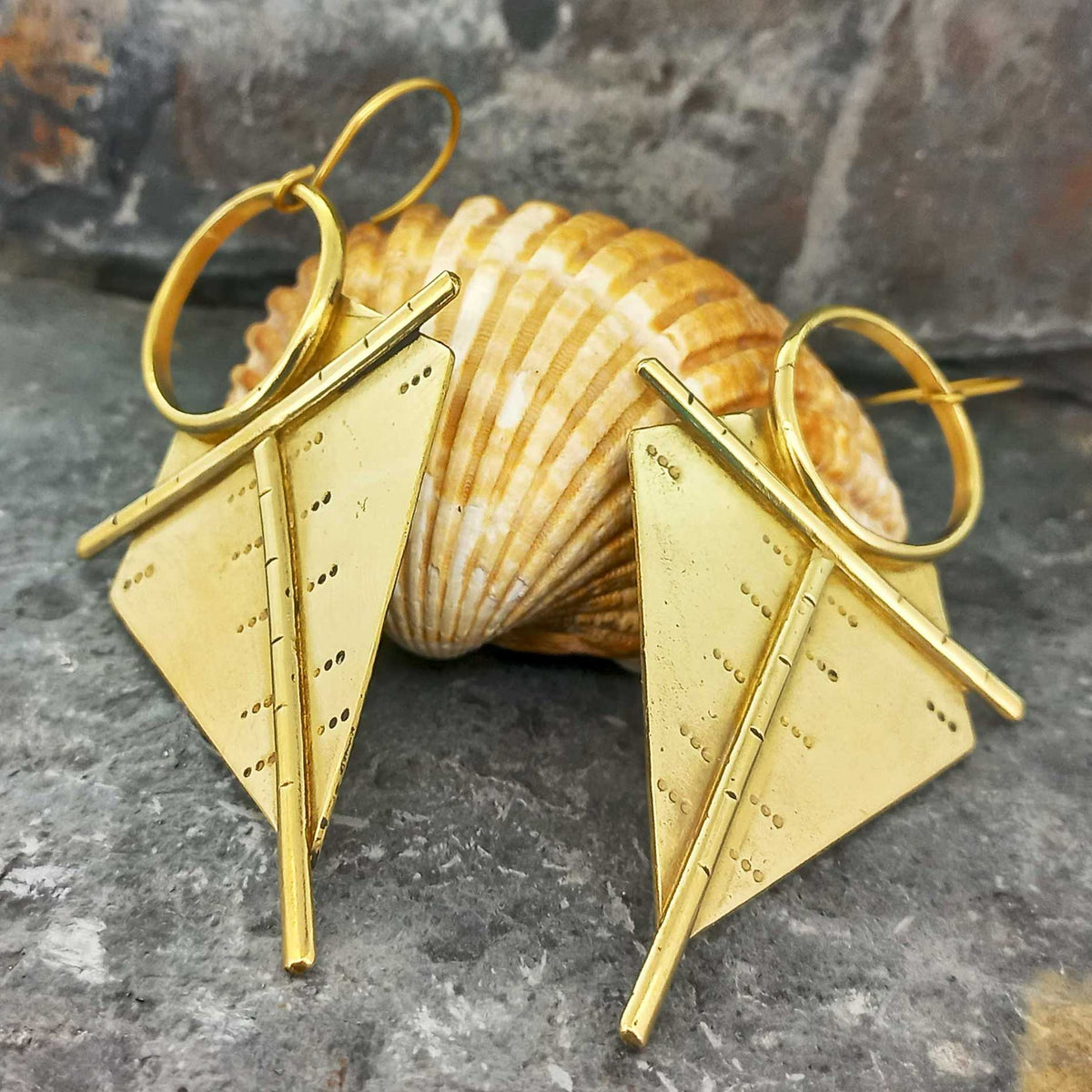 Large Statement gold plated hook brass earrings ethic Main image