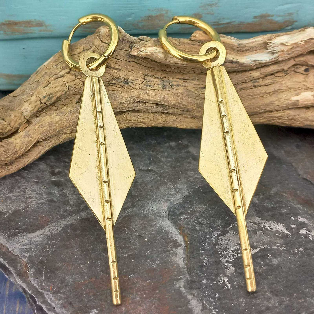 Boho Quetzal feather brass earrings with gold plated hoops Main image