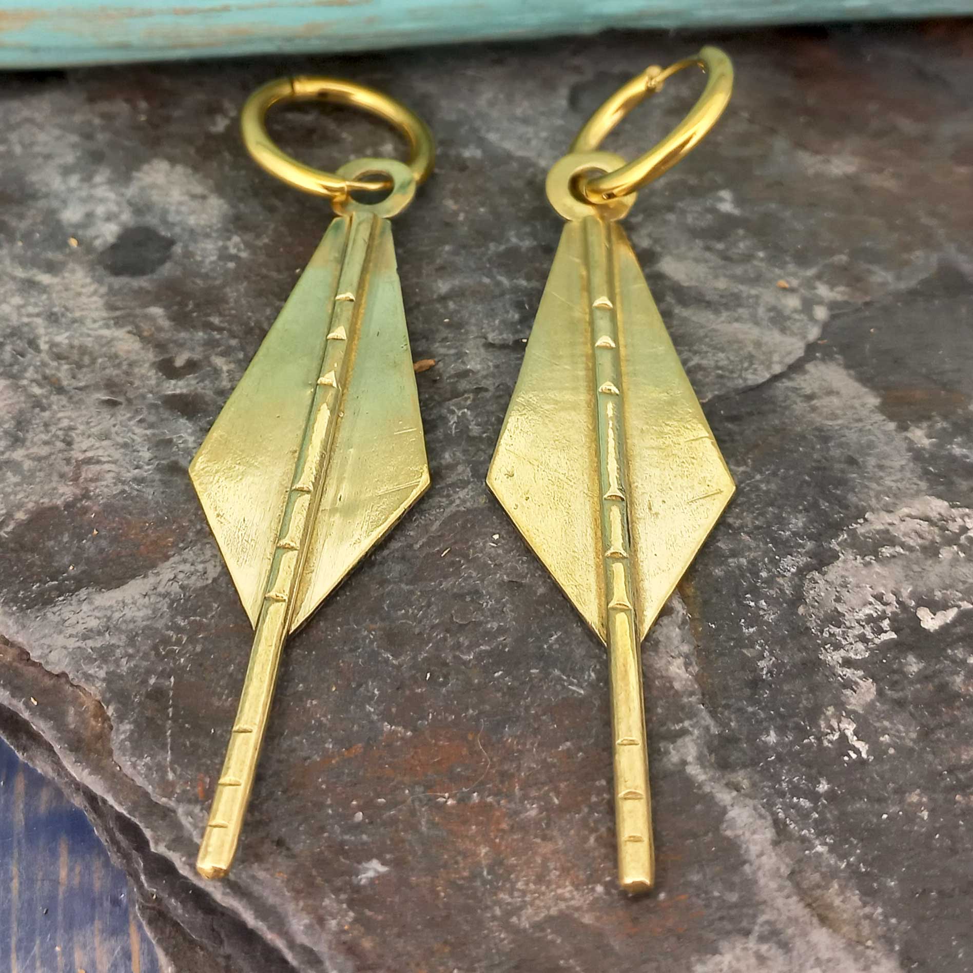 Geometric brass earrings with gold plated hoops
