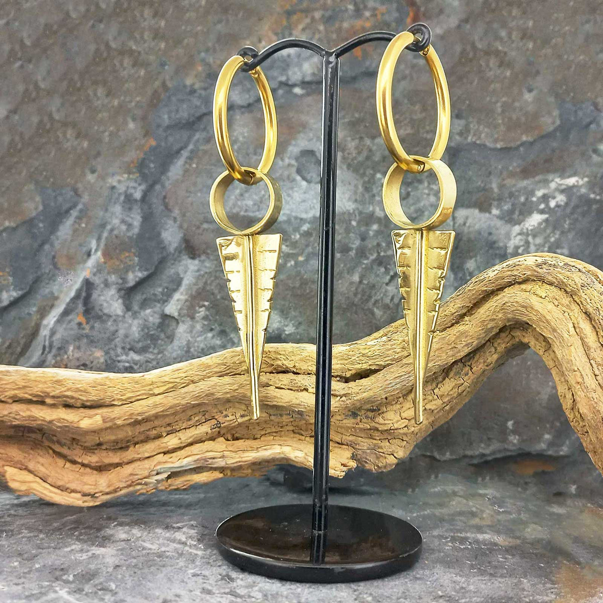 Gold plated hoops with brass arrow long earrings