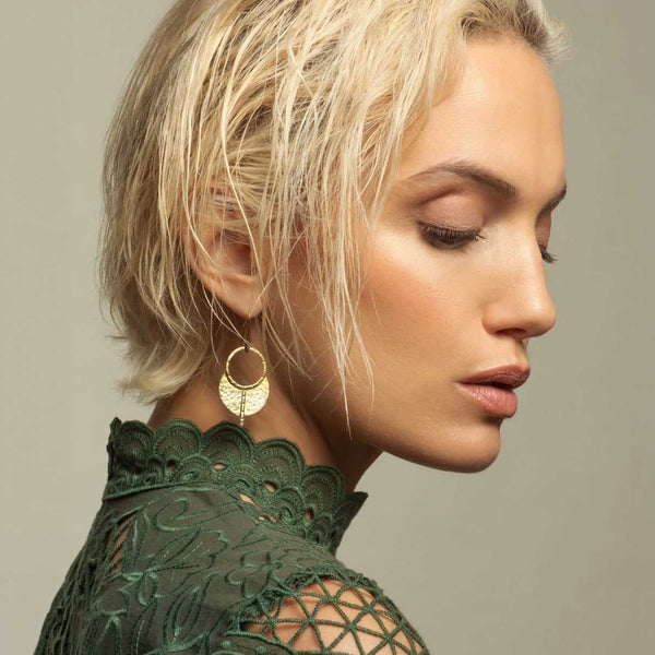 Handcrafted round moon brass earrings