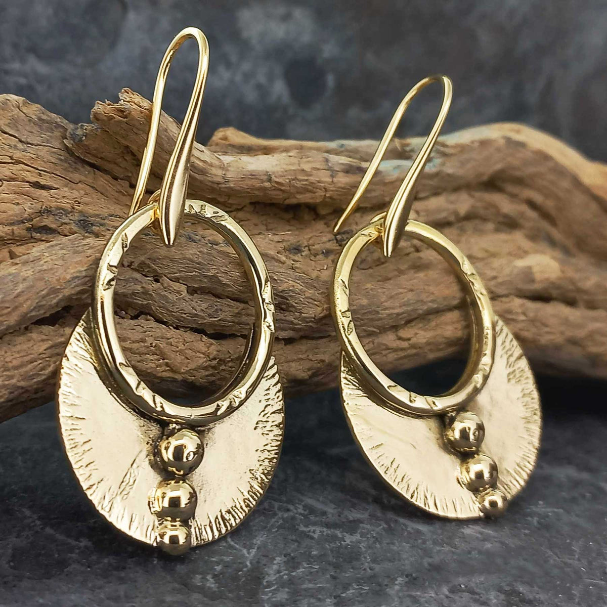 Boho Three Moon Brass Earrings with gold-plated hooks