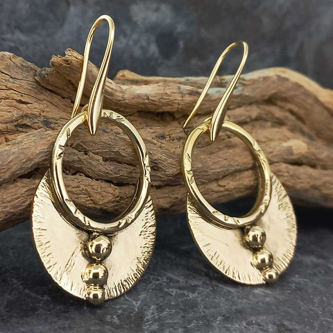 Boho Three Moon Brass Earrings with gold-plated hooks