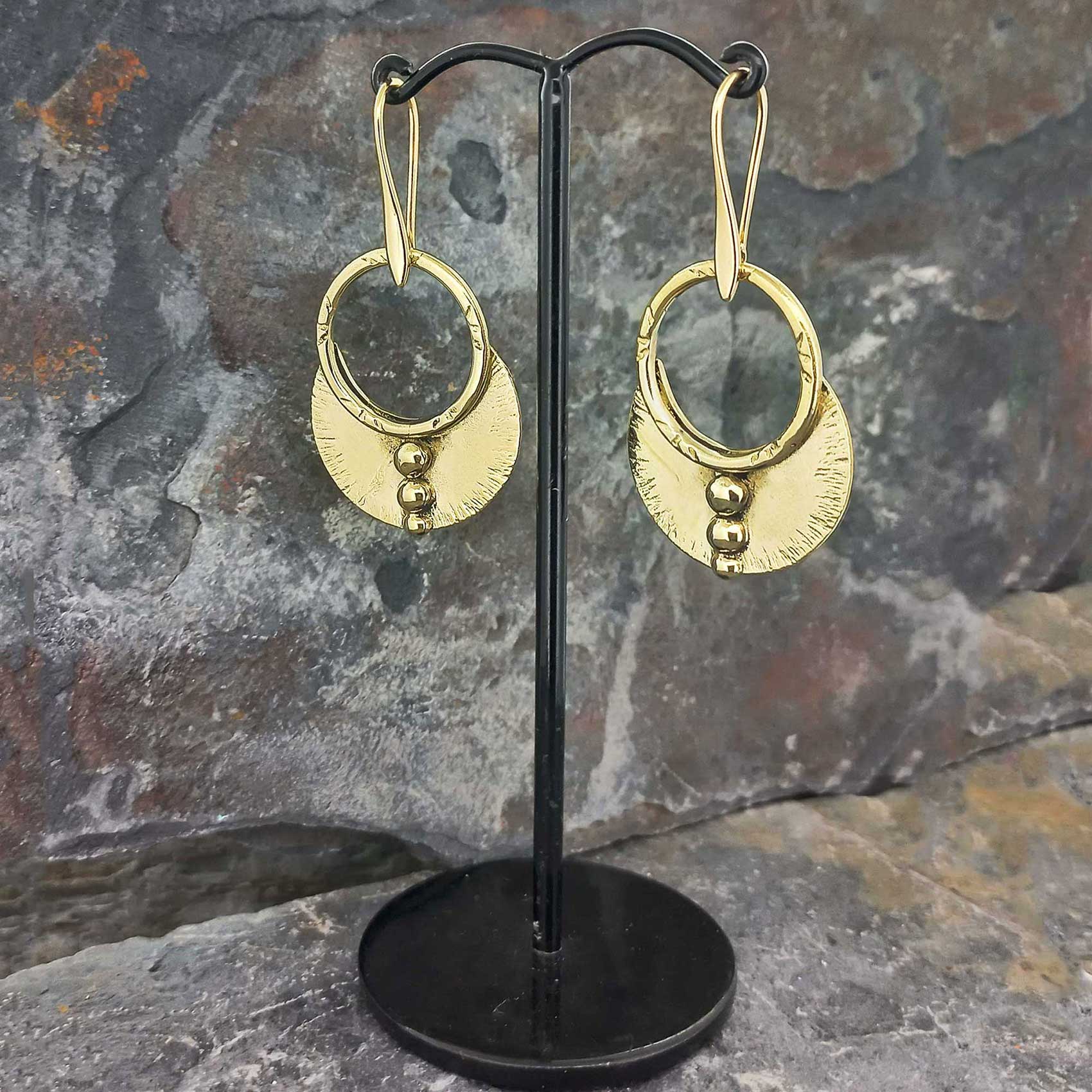 Three Moons textured brass ethic earrings