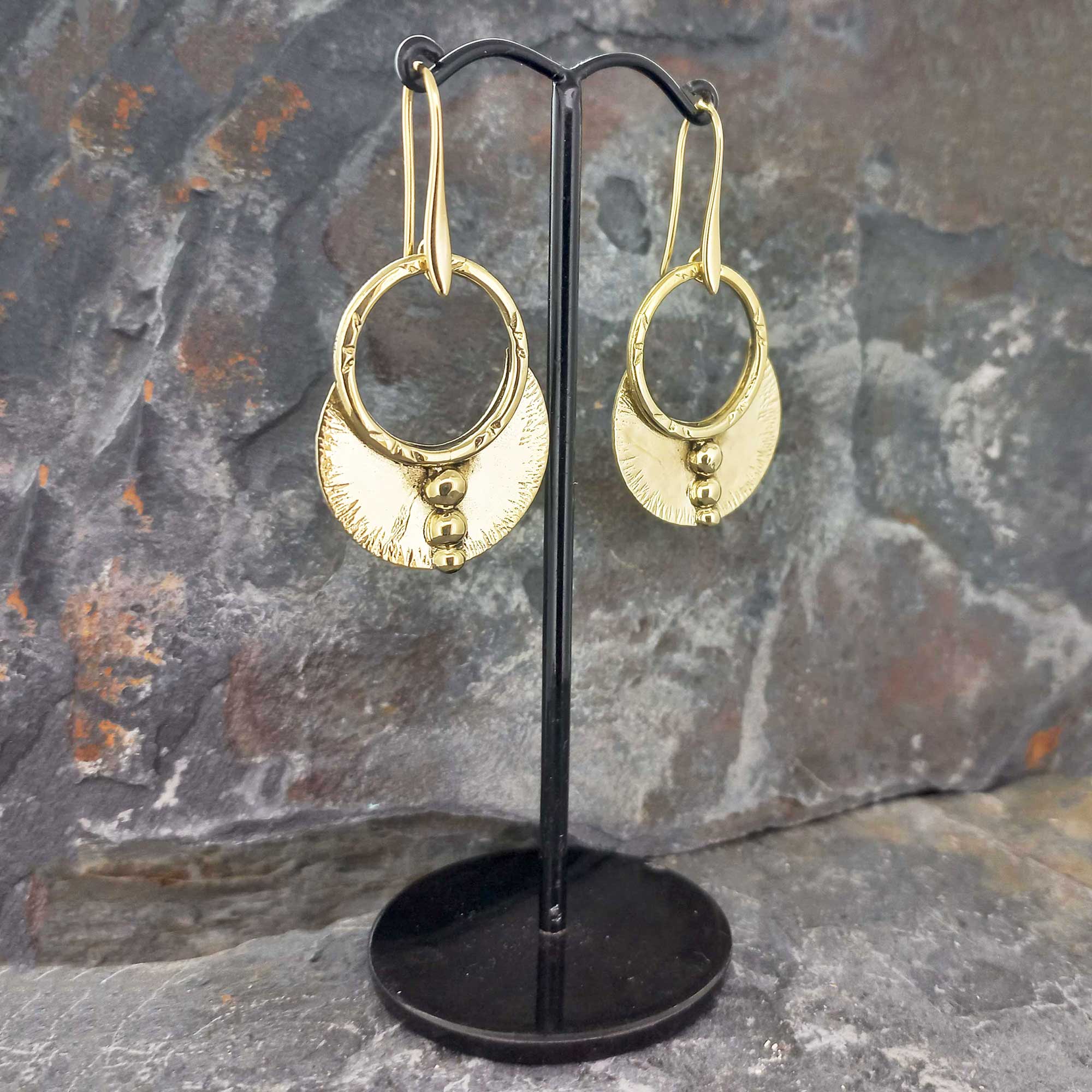 Three Moons Brass Earrings on gold-plated hooks