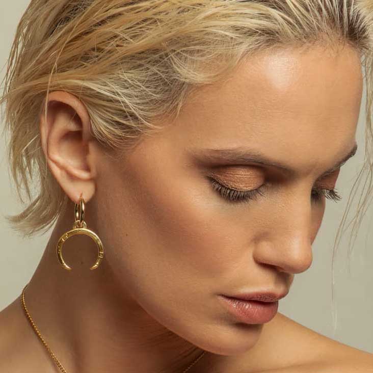 Boho Crescent Moon Brass Earrings with gold plated hoop