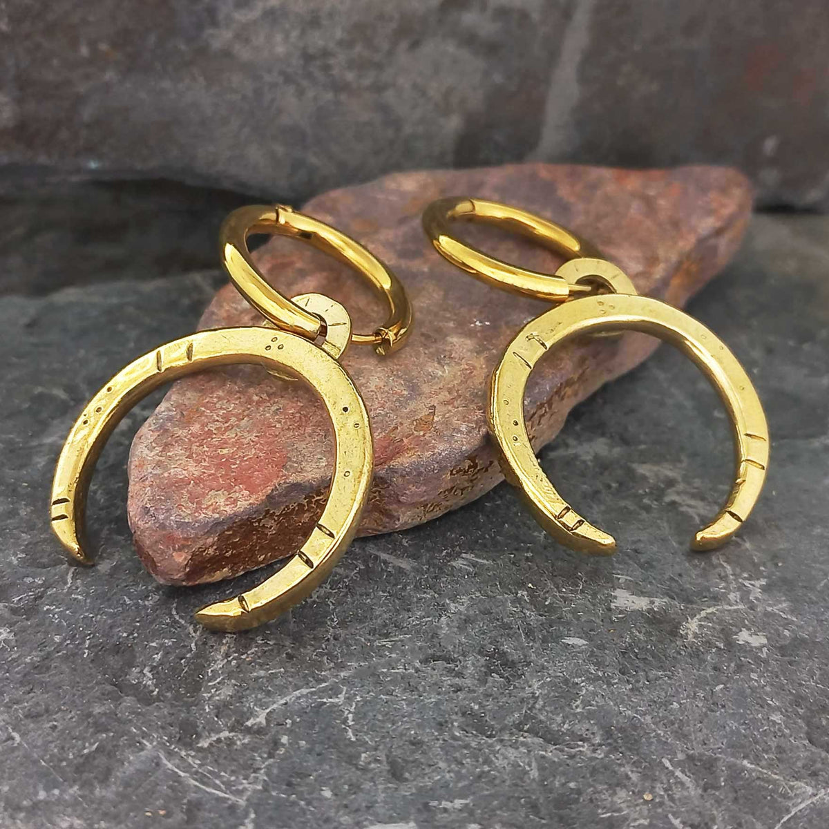 Crescent Moon Brass Earrings with gold plated hoops Main image