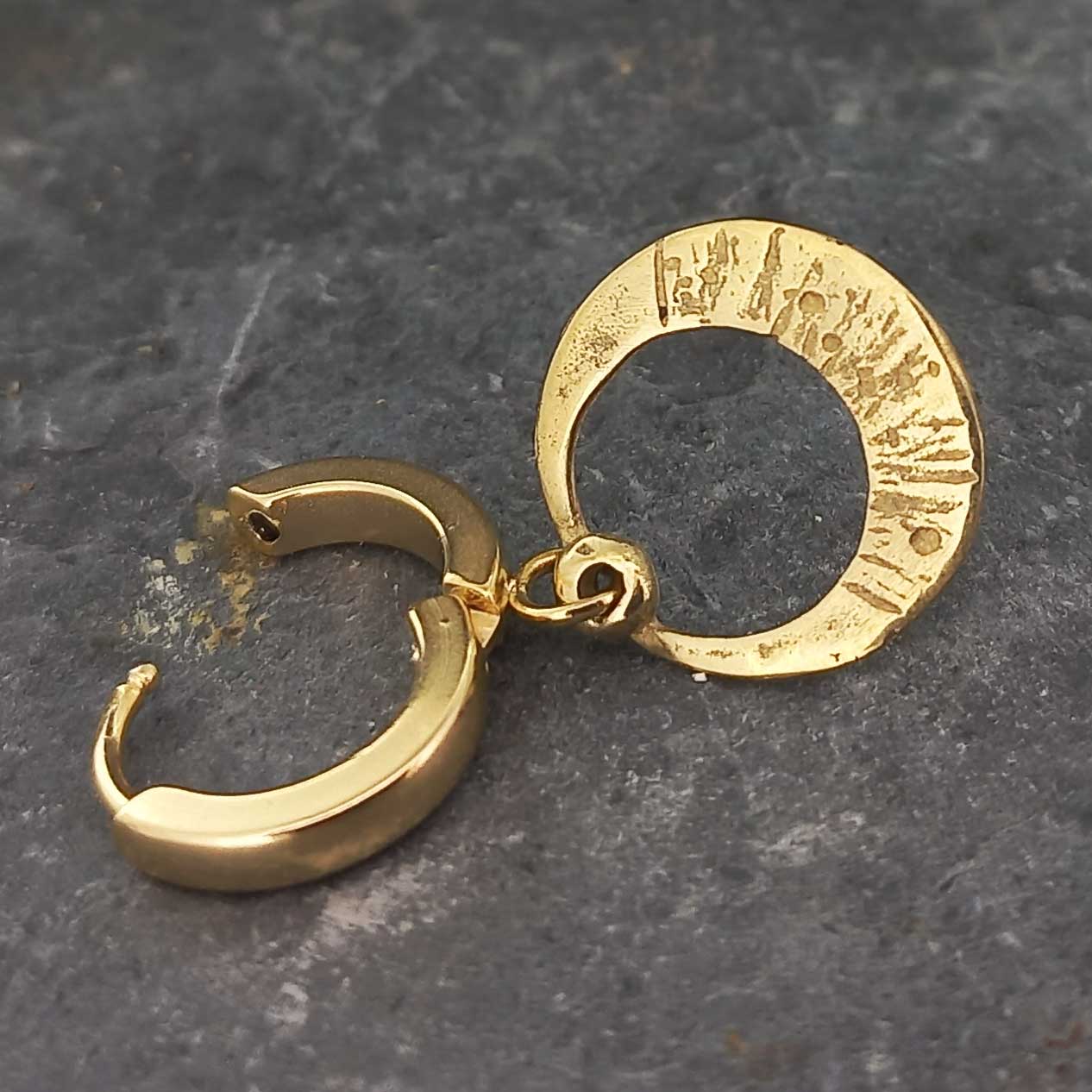 Textured Brass Eclipse Earring on gold-plated hoop
