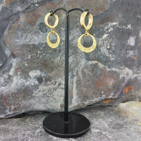 Gold-plated hoops with hammered brass circle charm earrings