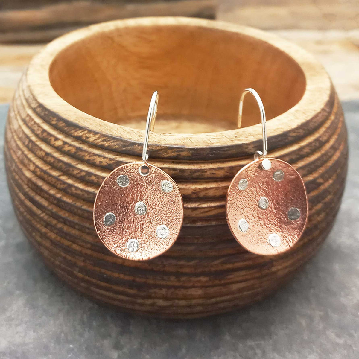 Sterling silver copper discs with spots earrings