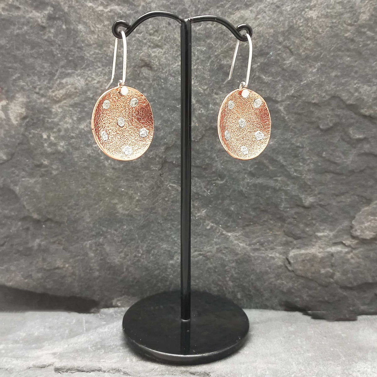 Handmade copper drop earrings with silver dots