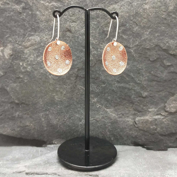 Handmade copper drop earrings with silver dots