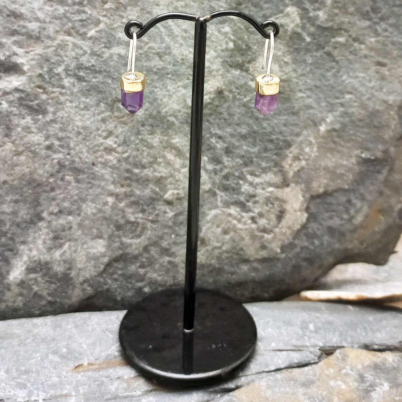 Faceted Amethyst Drop Earrings with silver hooks and brass caps
