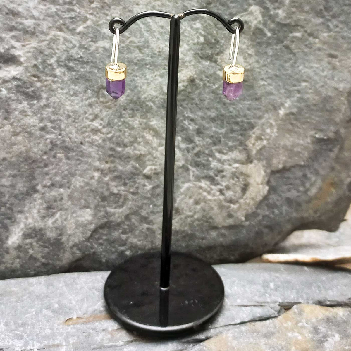 Faceted Amethyst Drop Earrings with silver hooks and brass caps