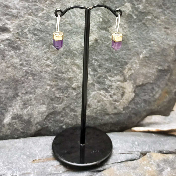 Faceted Amethyst Drop Earrings with silver hooks and brass caps