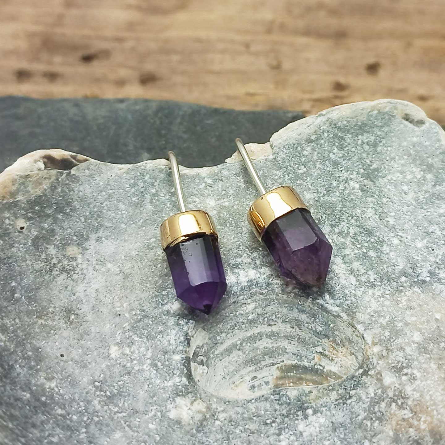 Brass, silver, purple handcrafted Amethyst drop earrings