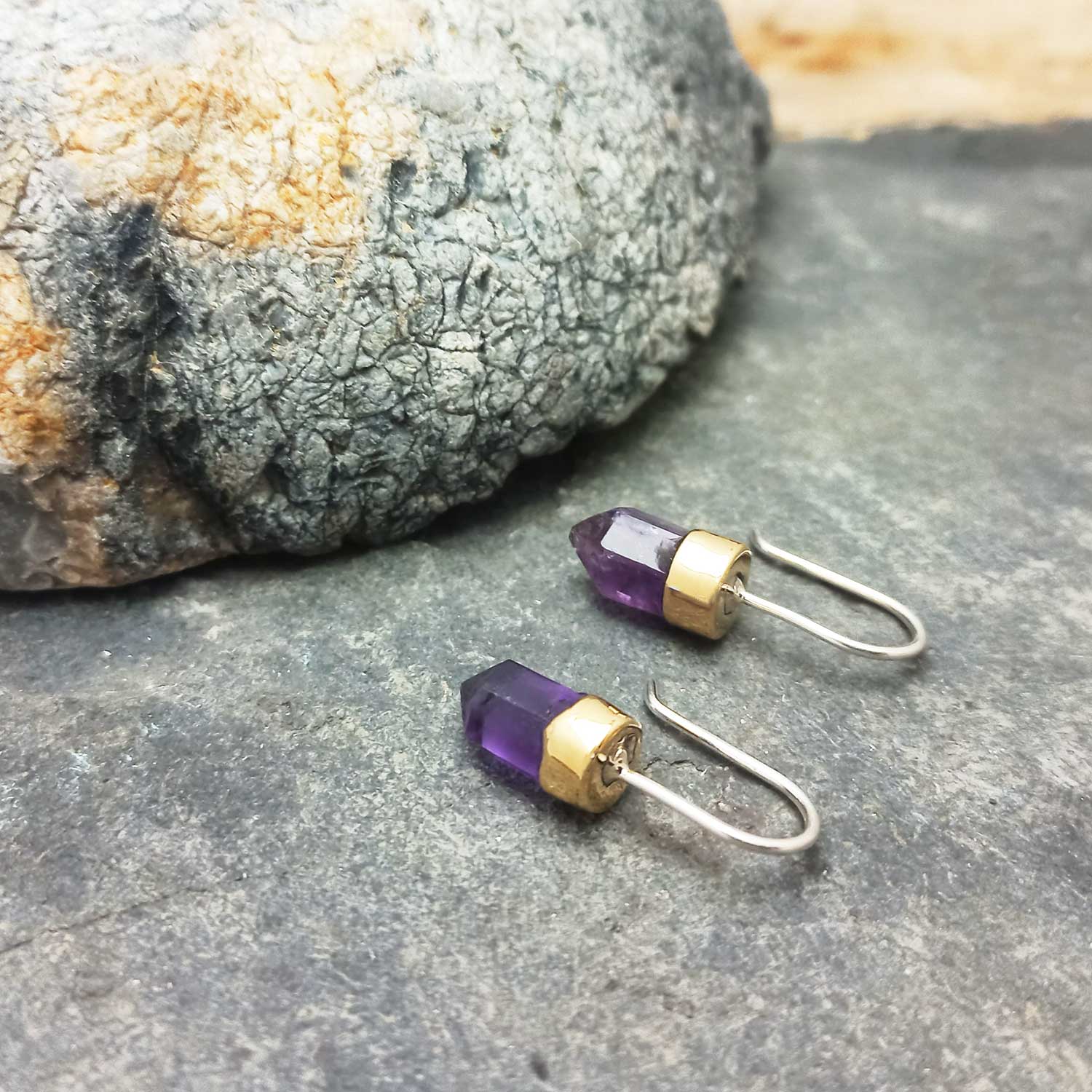 Unusual Amethyst earrings with gold hued brass