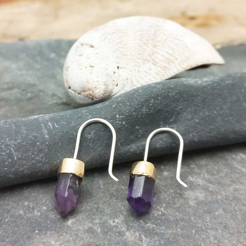 Amethyst brass earrings, silver sterling hooks