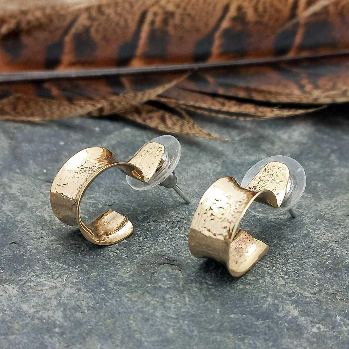 Golden brass semi-hoop textured earrings
